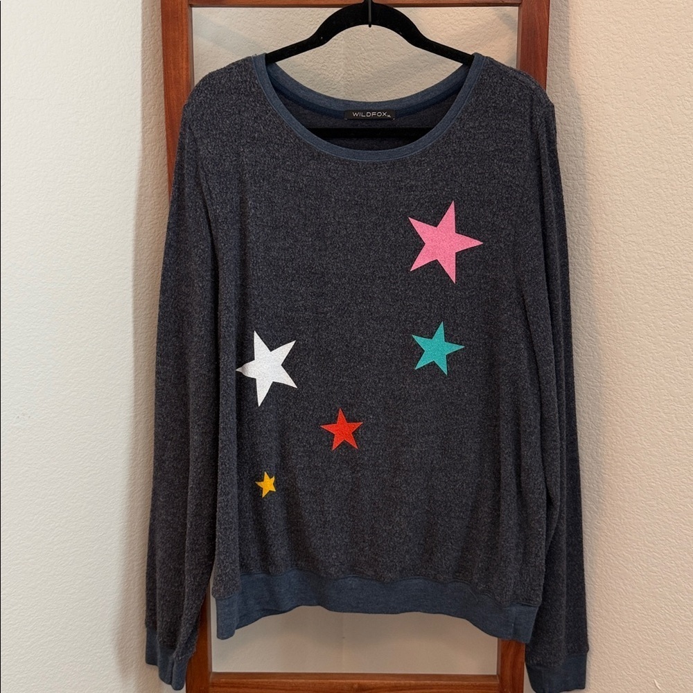 Wildfox Couture Scattered Star Patterned Navy Blue Long Sleeve Crew Sweater  XL